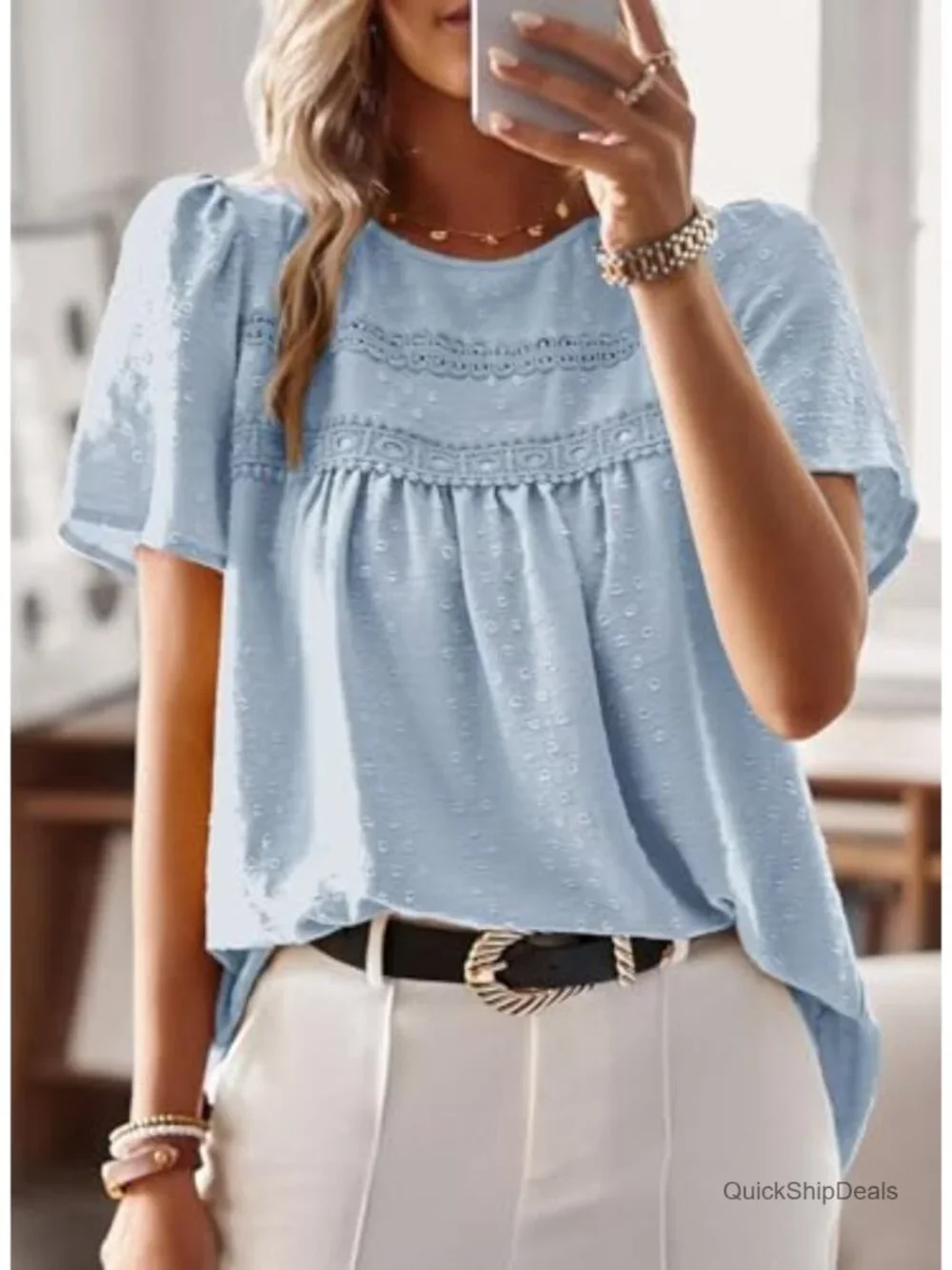 Women Crewneck Short Sleeve Blouse Lace Hem Boho Flowy Chiffon Top Casual